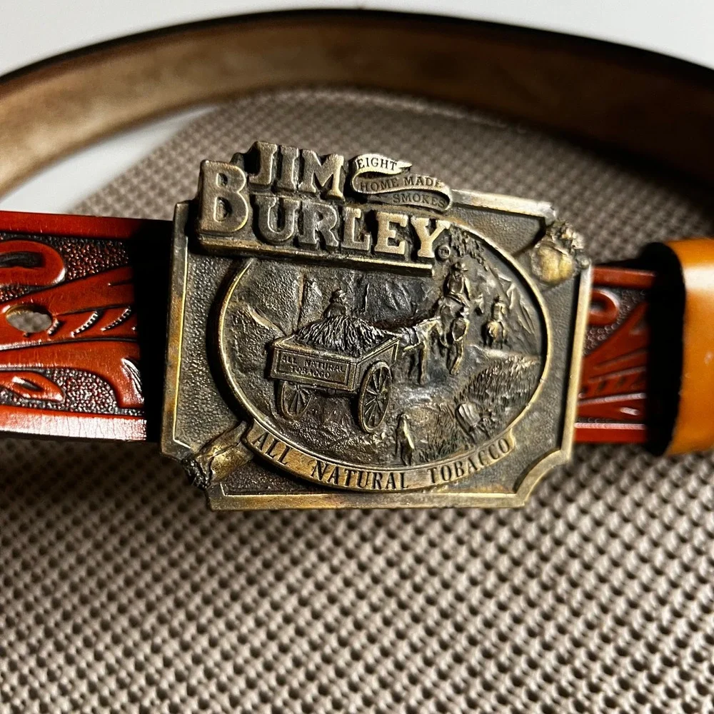 Vintage 1982 Siskiyou Jim Burley Tobacco Belt Buckle Tooled Leather Belt Brown